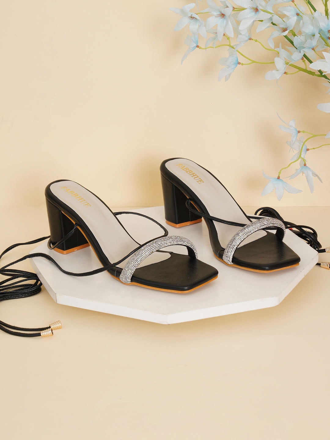 

FABBHUE Embellished Block Heel Gladiators, Black