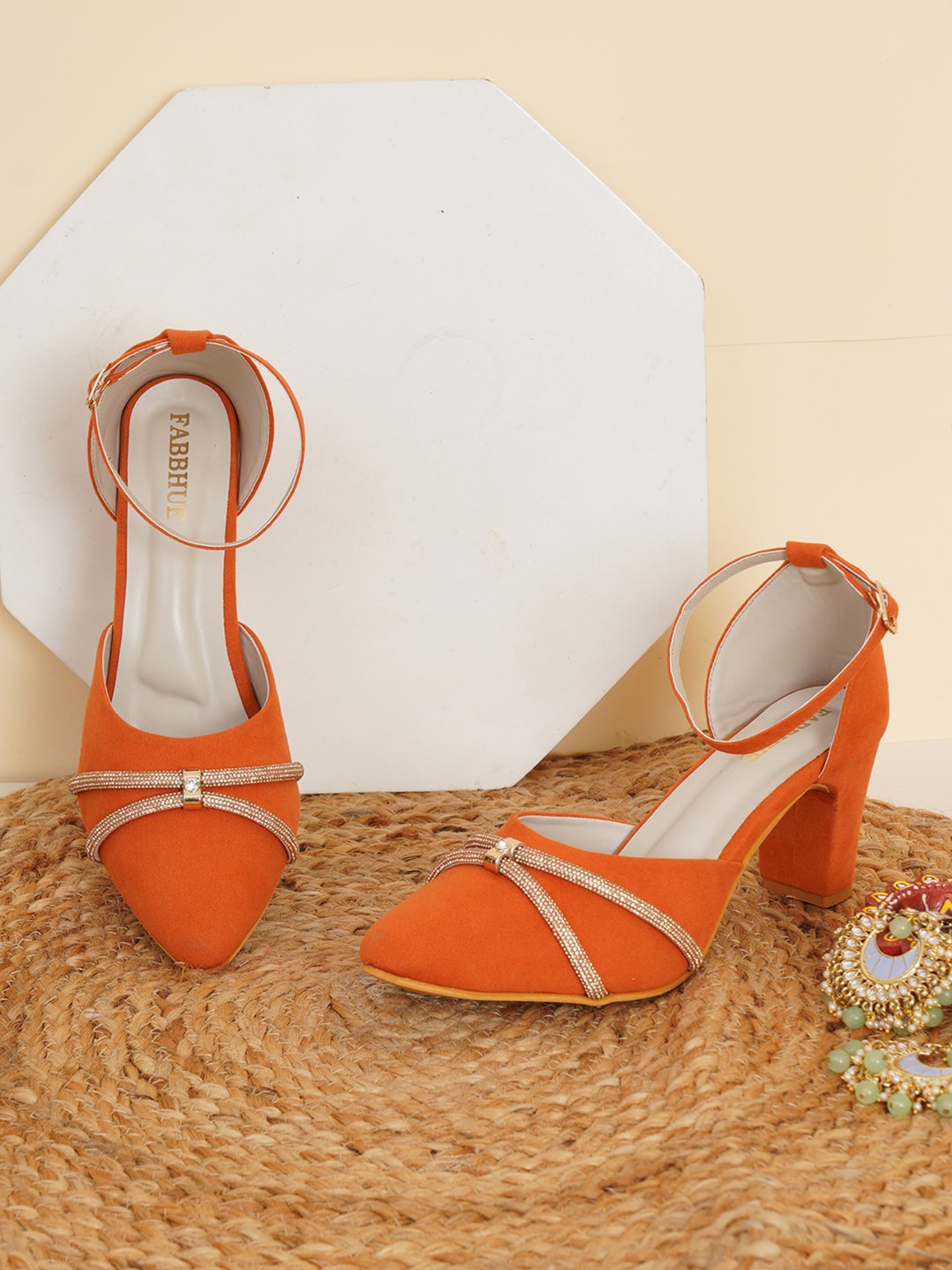 

FABBHUE Embellished Block Heel Pumps, Orange