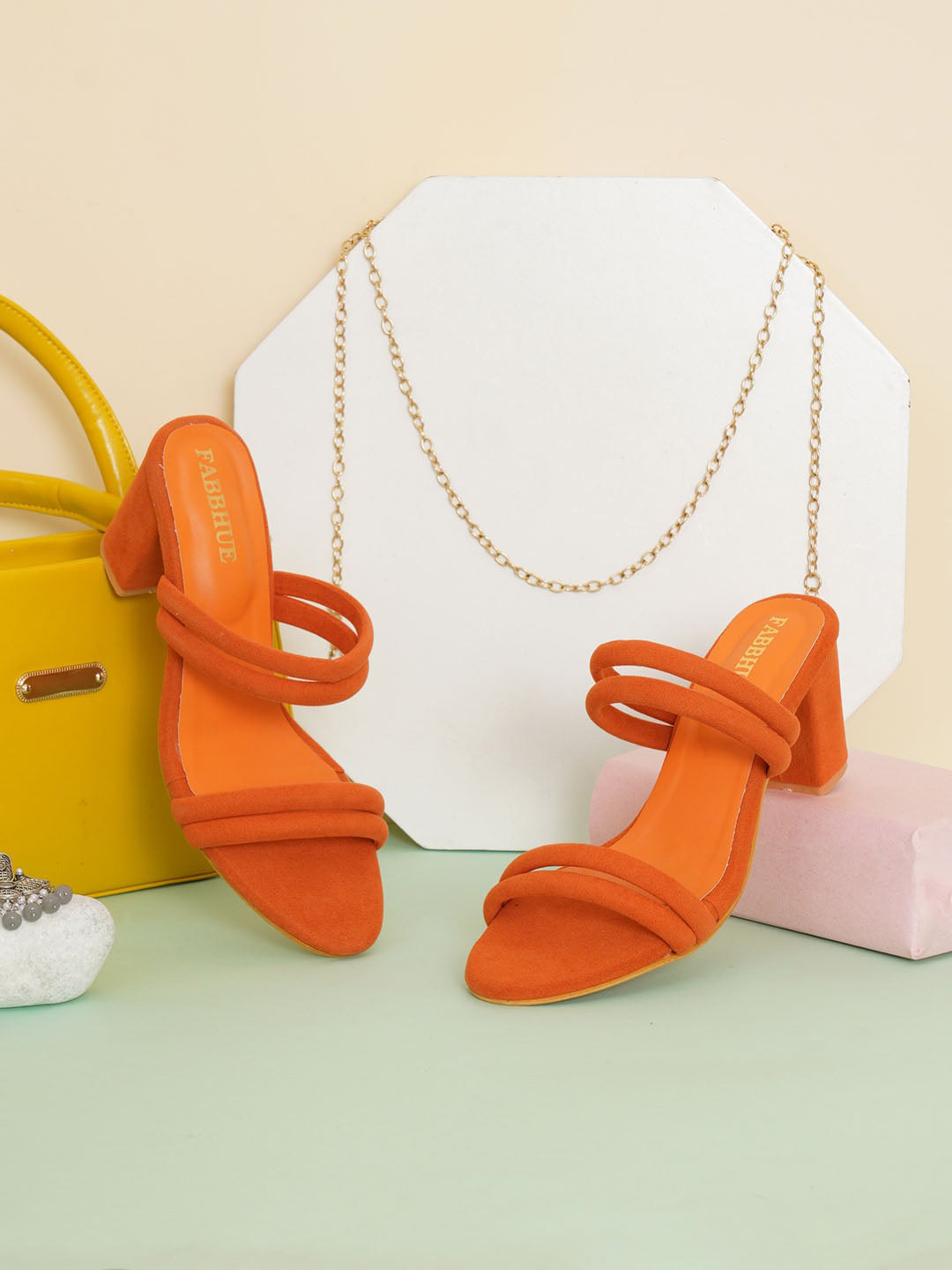 

FABBHUE Double Strap Block Heels, Orange