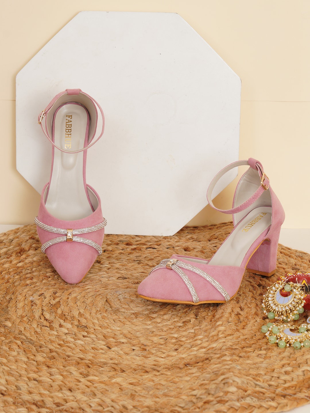 

FABBHUE Embellished Block Heel Pumps, Pink