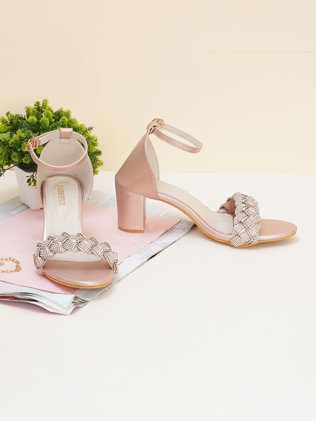 

FABBHUE Embellished Block Heels, Peach