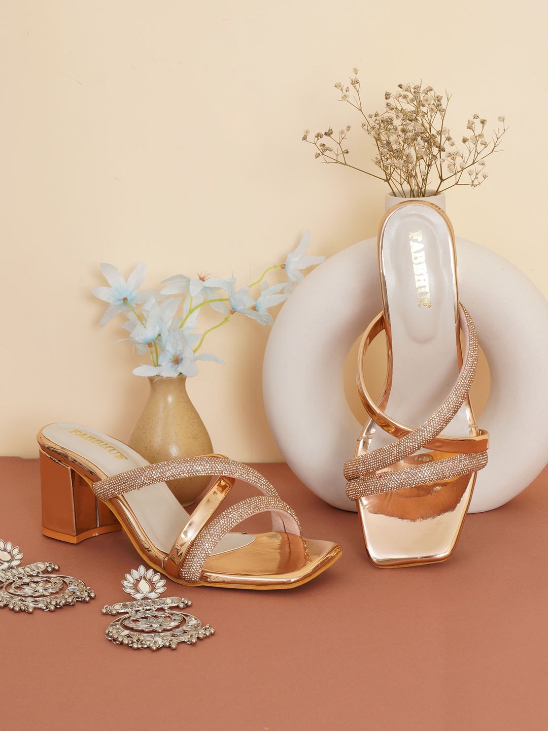 

FABBHUE Embellished Block Heels, Peach