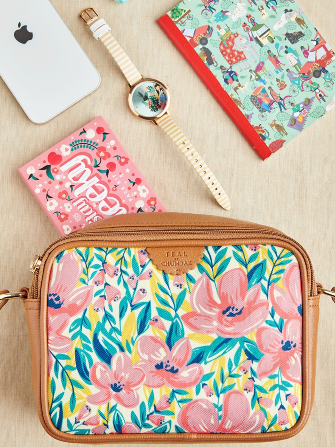 

TEAL BY CHUMBAK Women Printed Structured Sling Bag, Pink