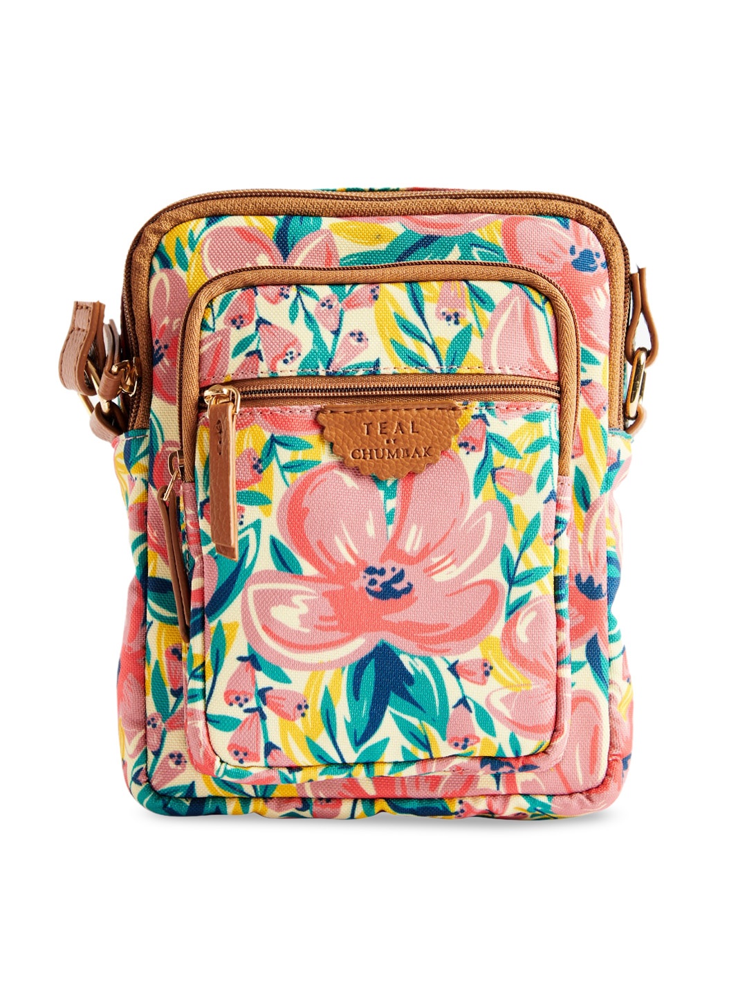 

TEAL BY CHUMBAK Floral Printed Structured Canvas Sling Bag, Pink