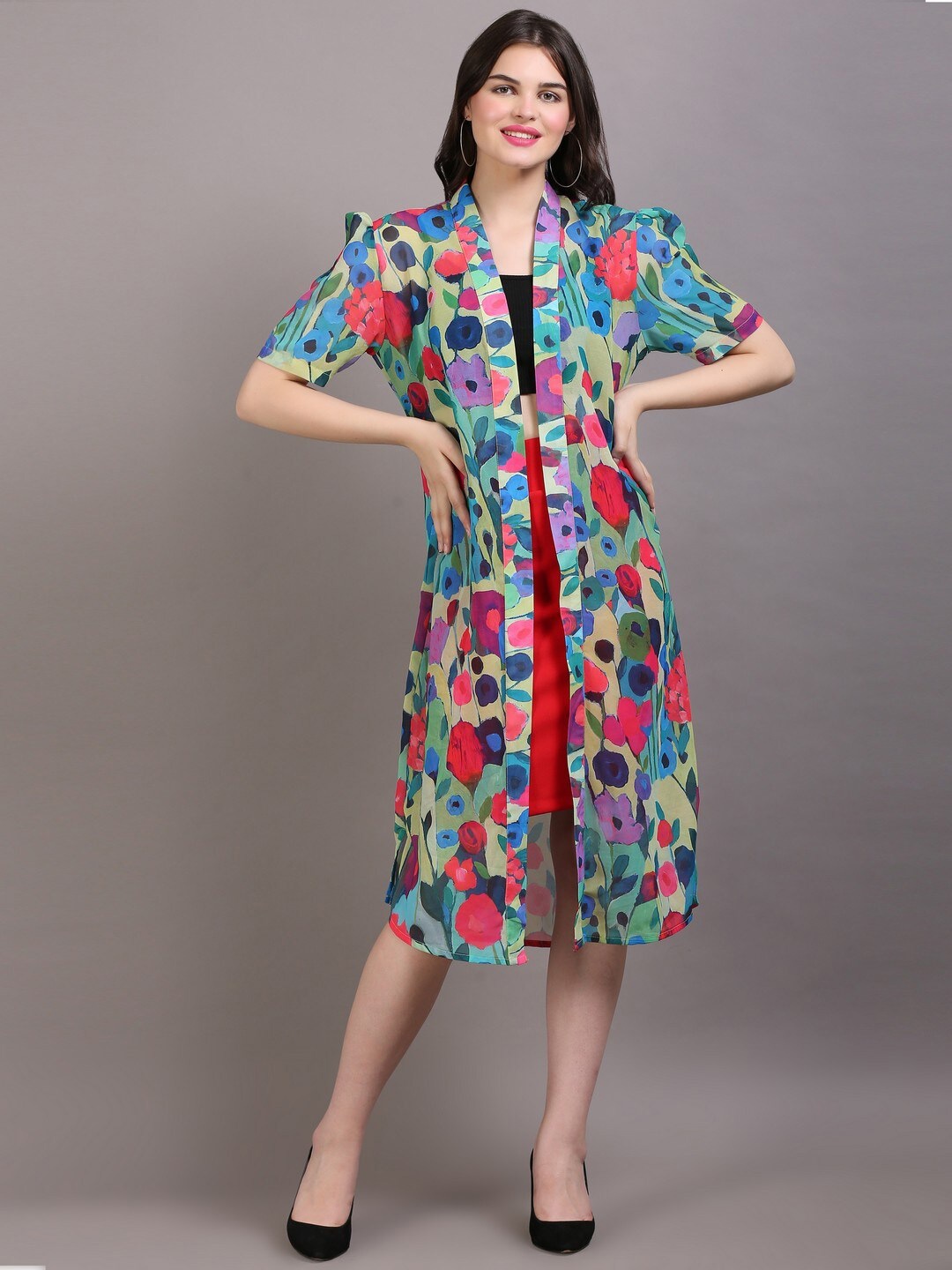 

DESI WOMANIYA Women Green & Blue Printed Longline Shrug