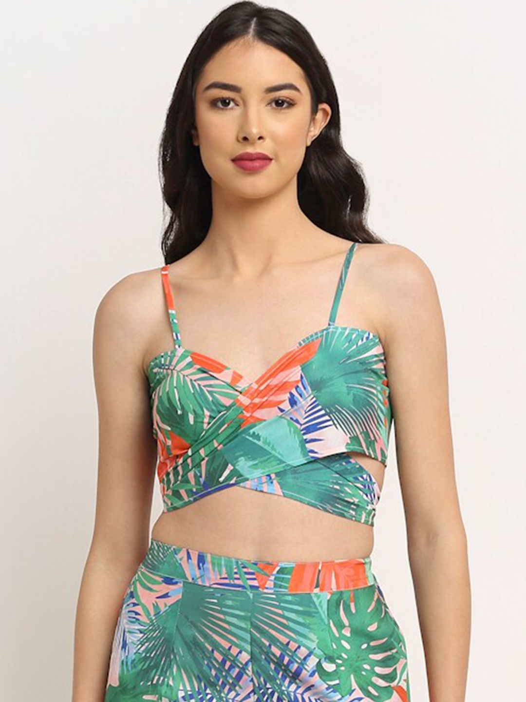 

EROTISSCH Green & Orange-Coloured Tropical Printed Shoulder Straps Swim Tops