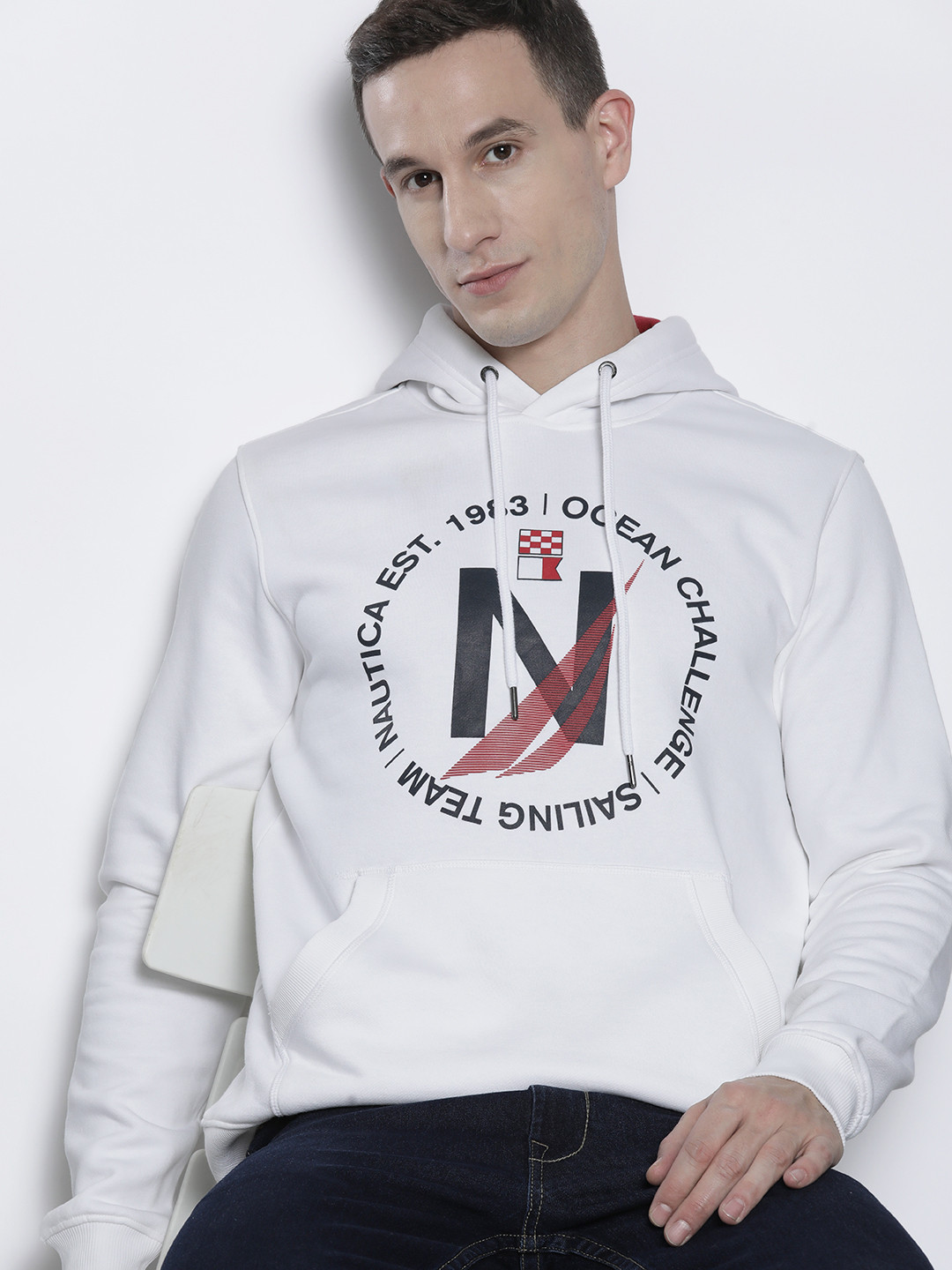 

Nautica Men Brand Logo Print Hooded Sweatshirt, Off white