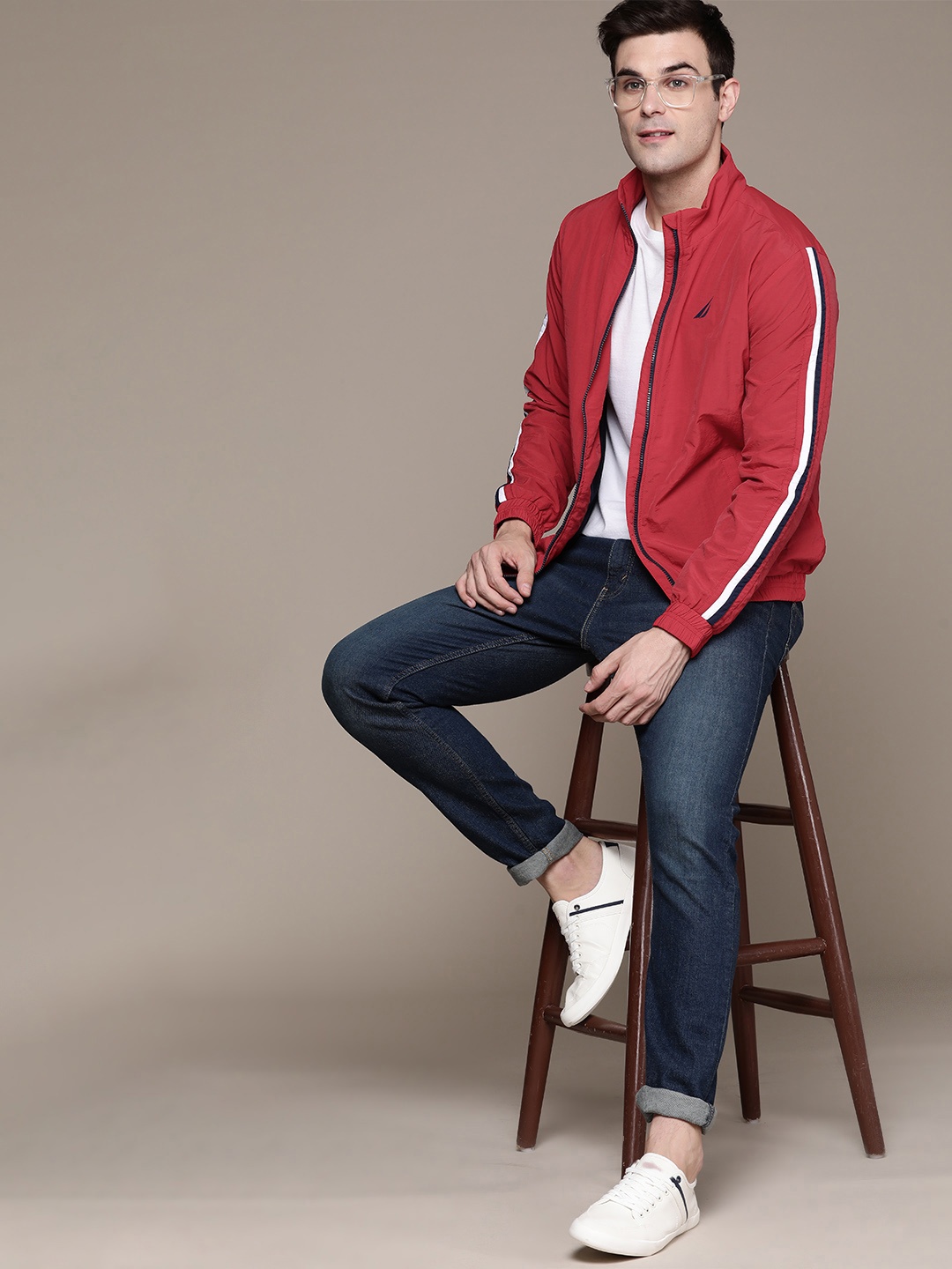 

Nautica Solid Striped Detailed Bomber Jacket, Red