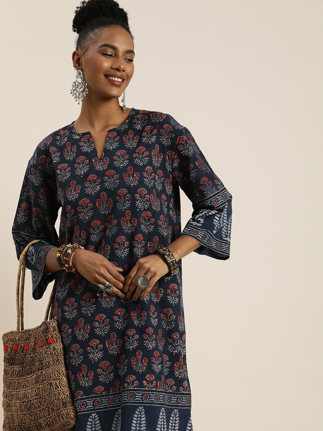 

Taavi Women Floral Ajrakh Print Straight Ethnic Dress, Navy blue