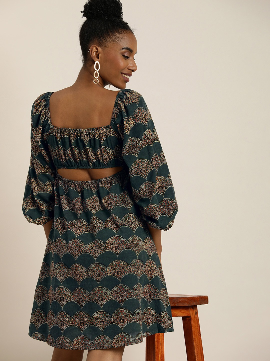 

Taavi Ajrakh Ethnic Motifs Printed A-Line Dress With Cut-Out Detail At Back, Green