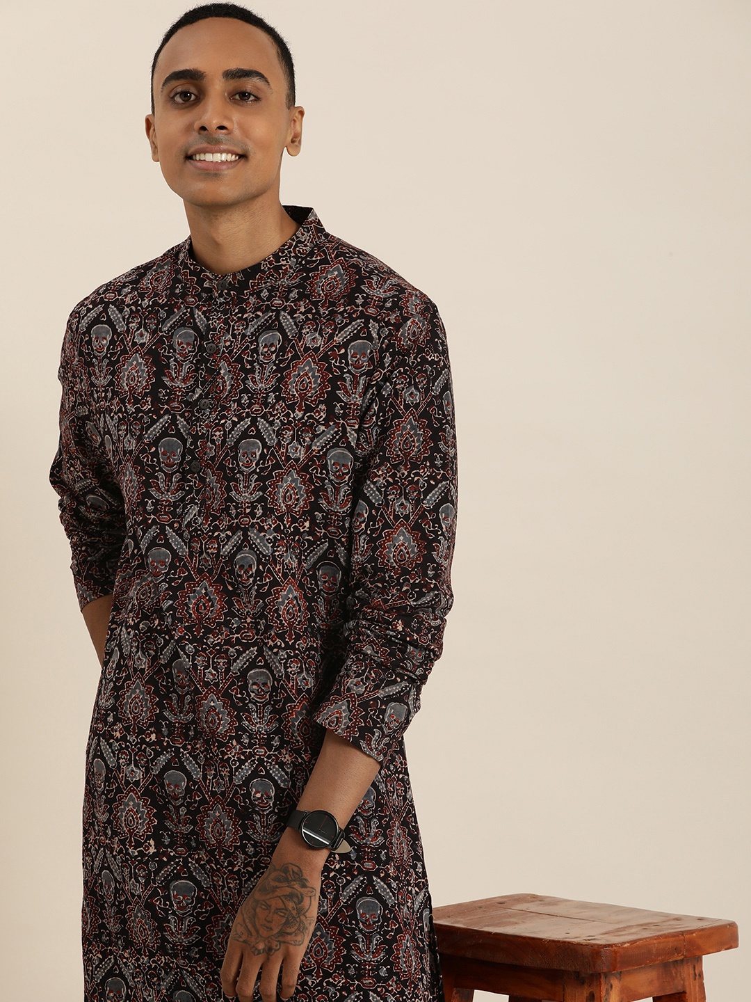 

Taavi Men Ajrakh Pure Cotton Printed Regular Kurta And Trousers, Brown