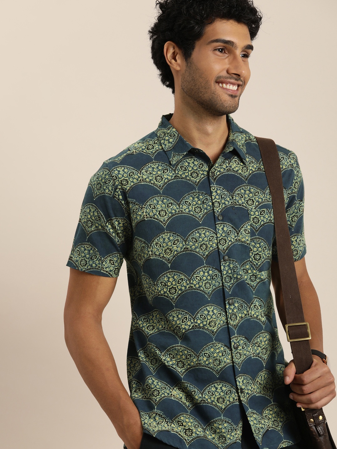 

Taavi Printed Ajrakh Pure Cotton Casual Shirt, Teal
