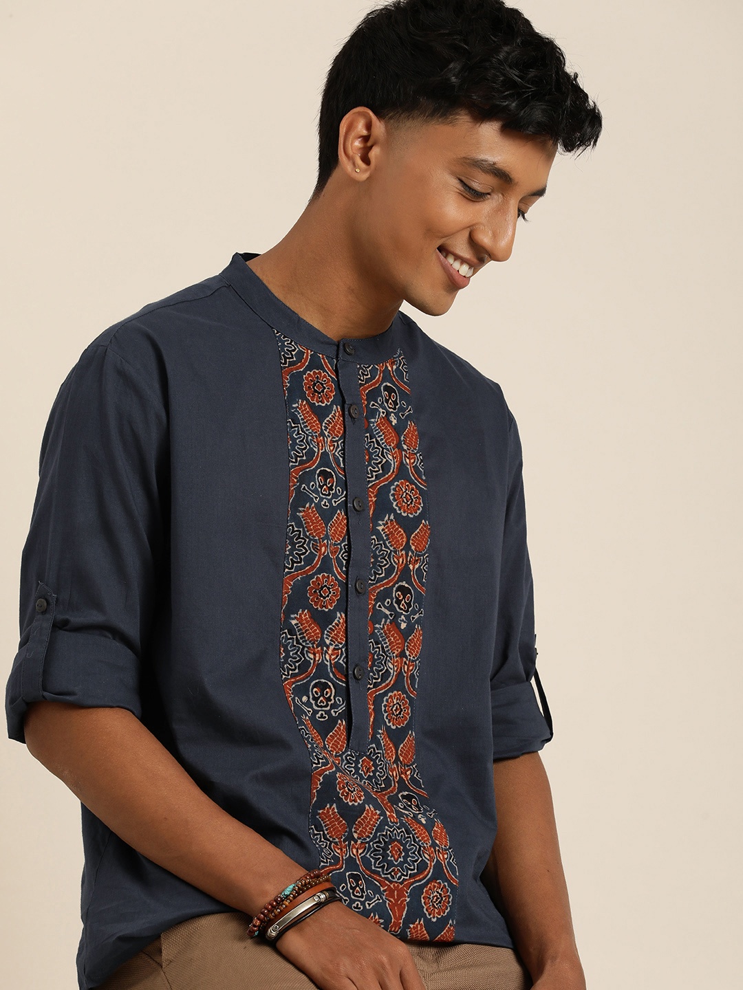 

Taavi Ajrakh Ethic Motifs Printed Pure Cotton Casual Shirt, Navy blue