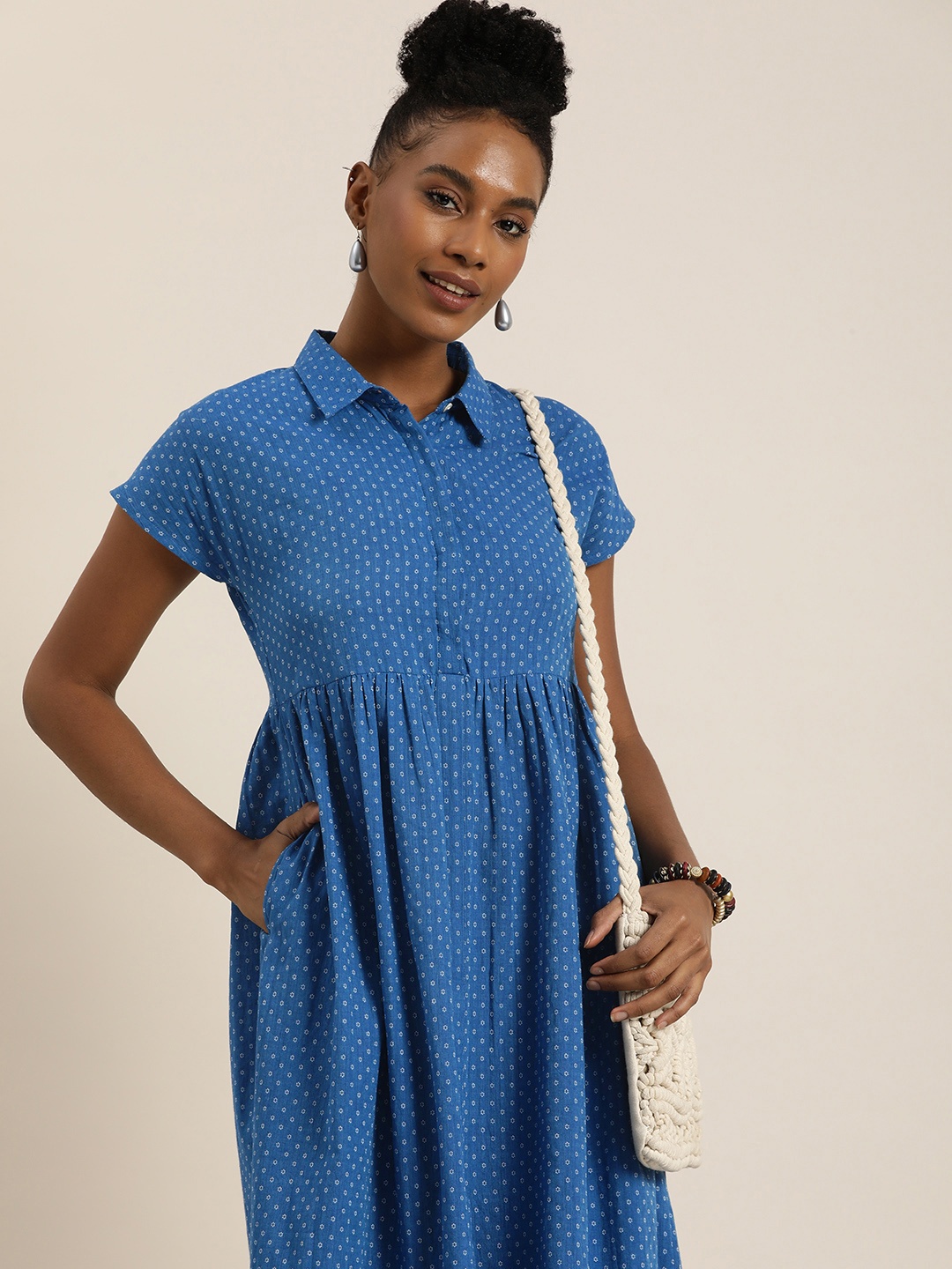 

Taavi Woven Legacy Floral Micro-Ditsy Pure Cotton A-Line Ethnic Dress, Blue