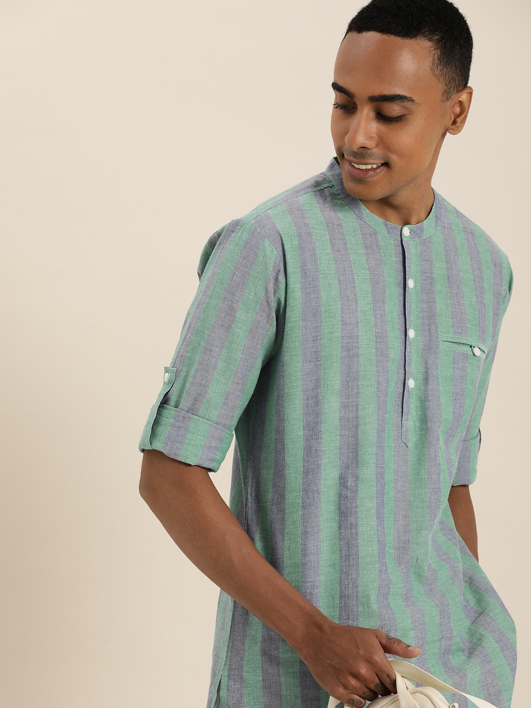 

Taavi Woven Legacy Band Collar Roll-Up Sleeves Striped Kurta, Green
