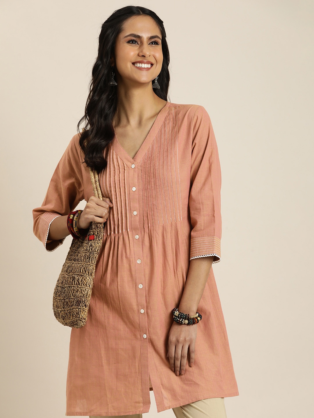 

Taavi woven legacy Pure Cotton V-Neck A-Line Short Kurti, Pink