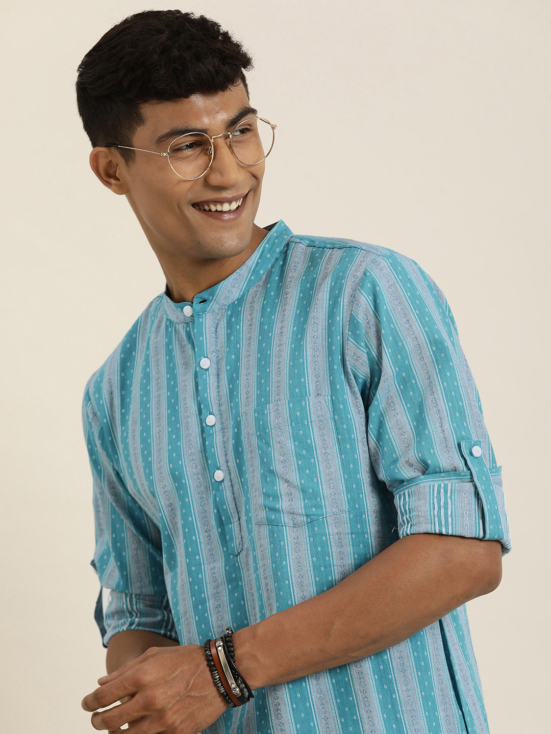 

Taavi Woven Legacy Band Collar Pure Cotton Kurta, Turquoise blue
