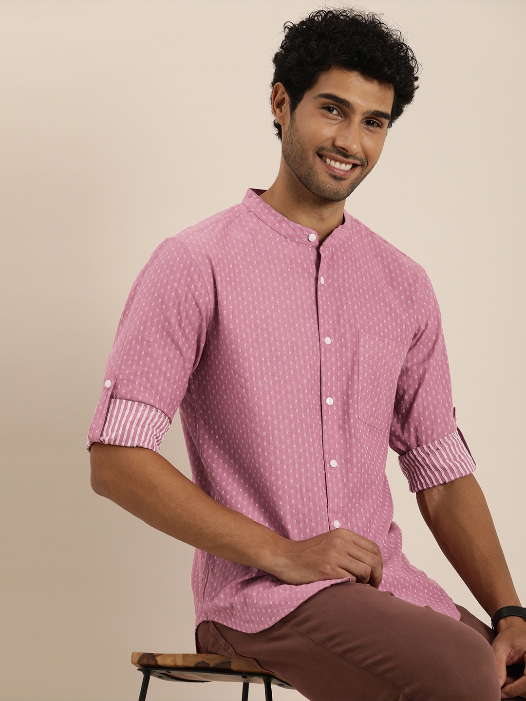 

Taavi Self Design Woven Legacy Pure Cotton Casual Shirt, Pink