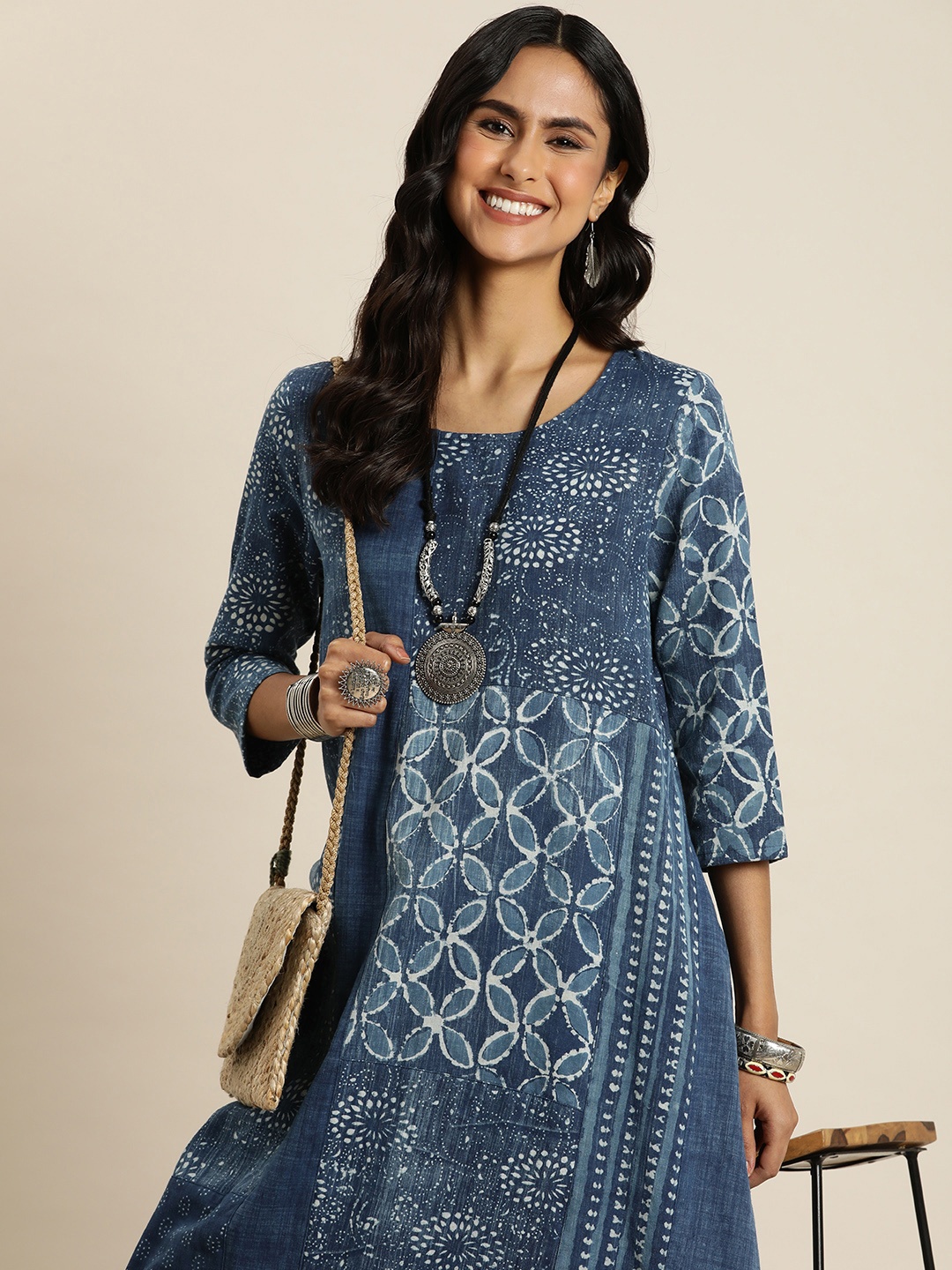 

Taavi Indigo Denim Cotton Linen Ethnic Motifs Printed A-Line Kurta, Blue