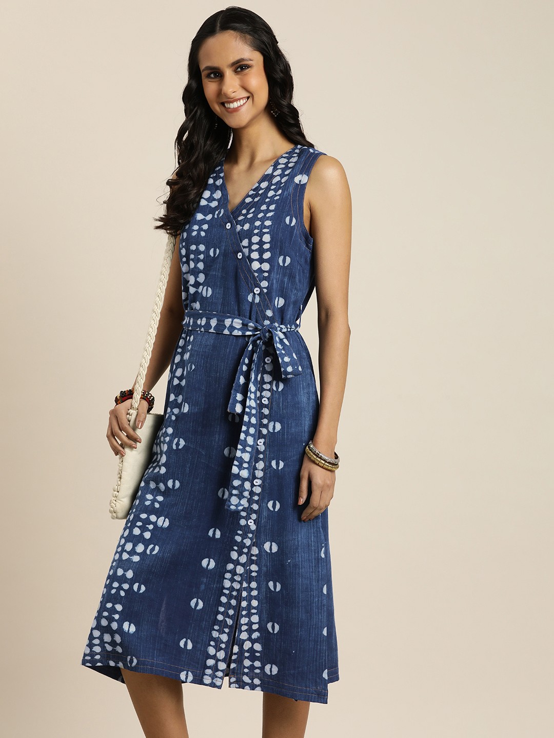

Taavi Indigo V-Neck Cotton-Linen Wrap Style Dress, Blue