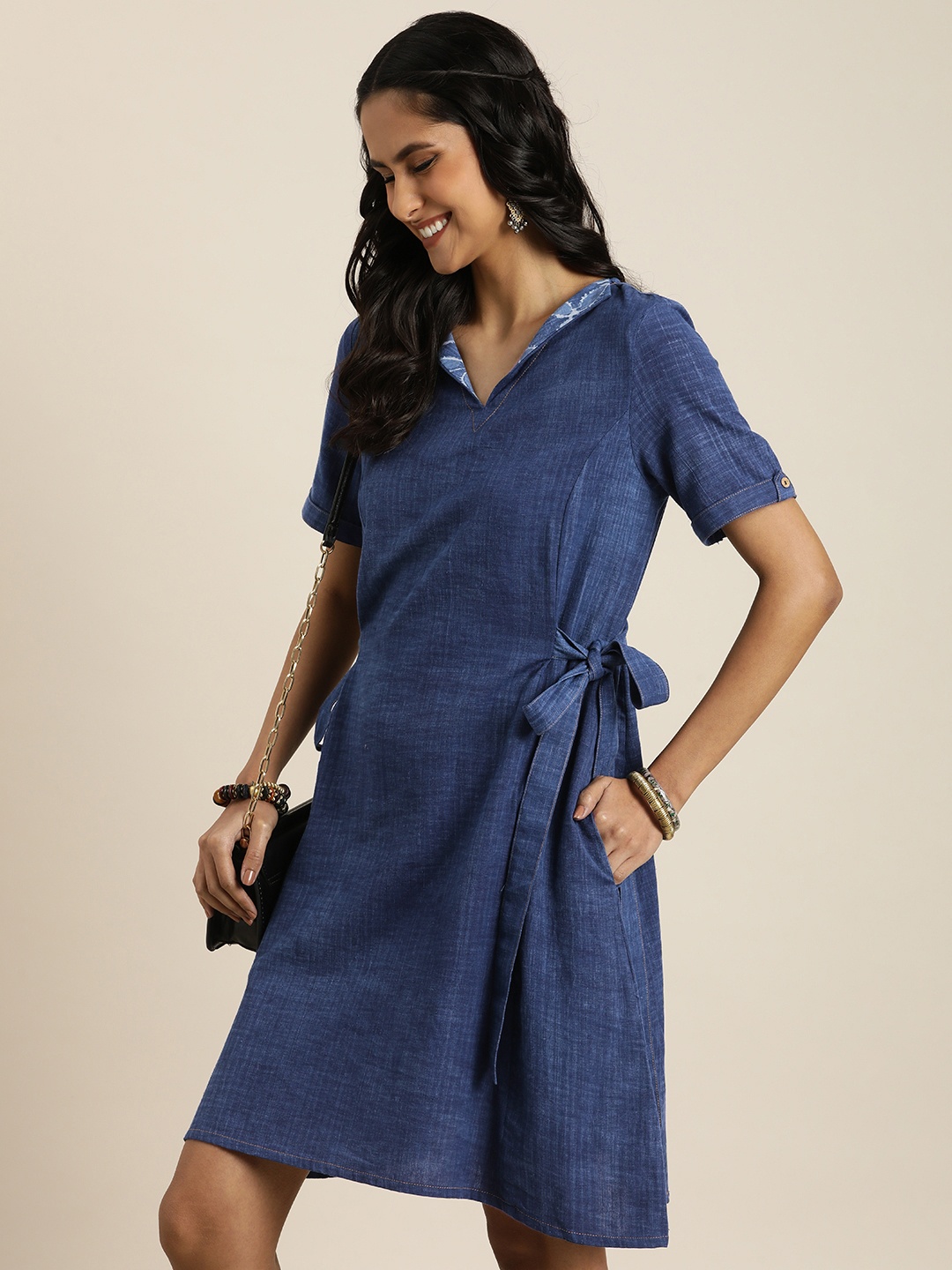 

Taavi Indigo V-Neck Cotton-Linen A-Line Dress, Blue