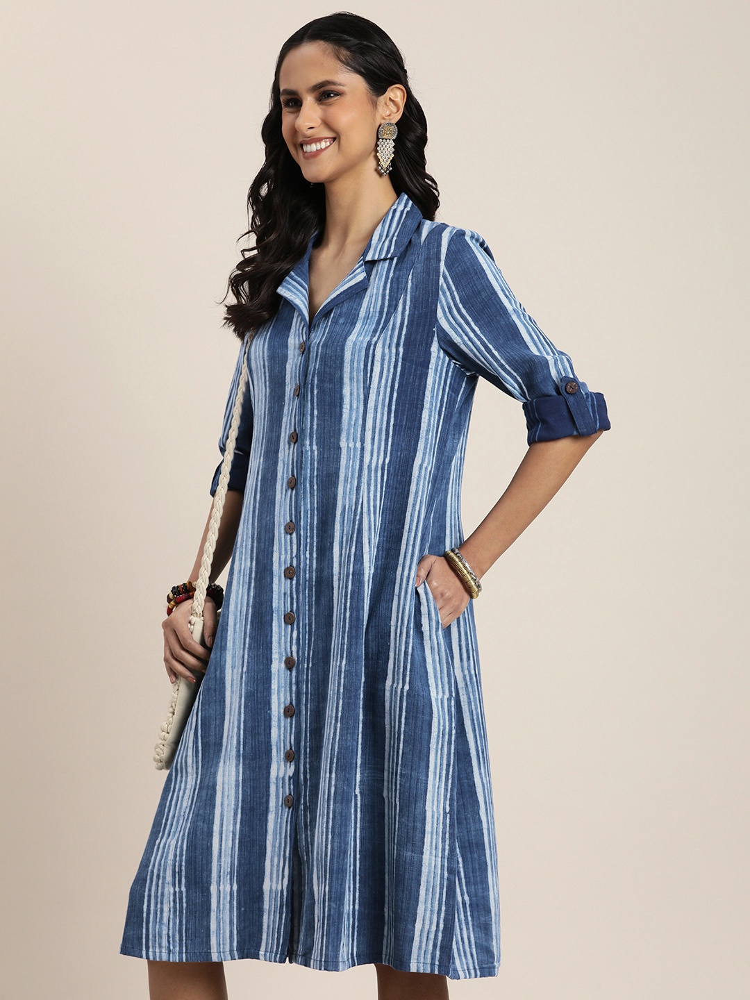 

Taavi Indigo Cuban Collar Cotton-Linen Shirt Style Dress, Blue