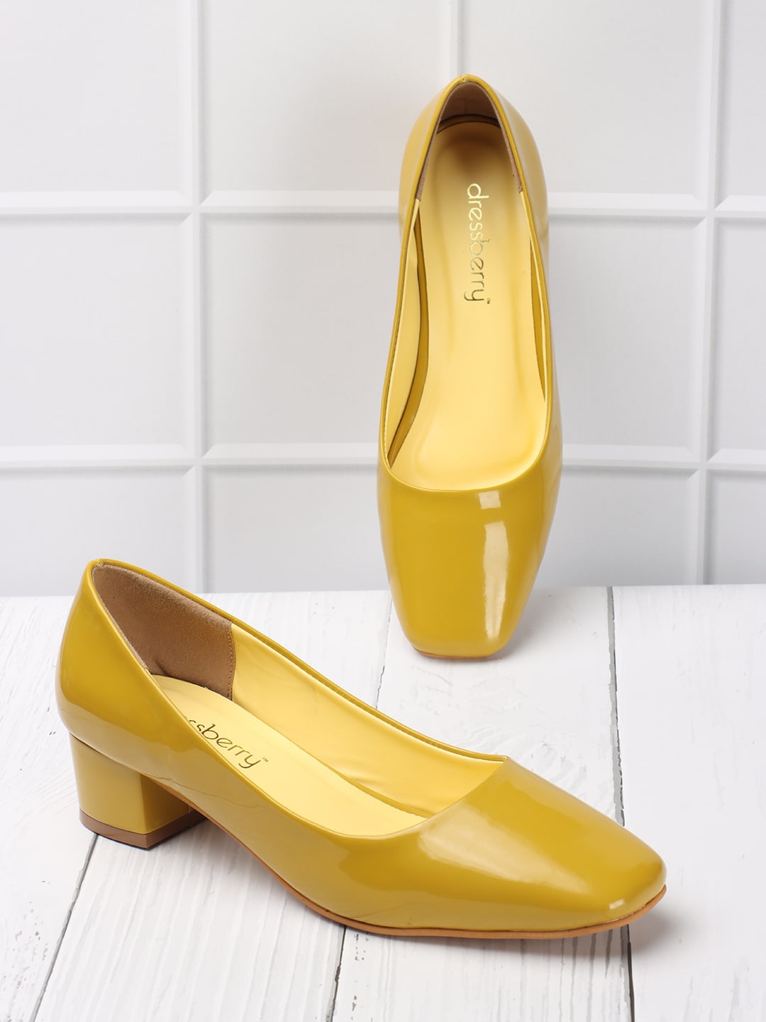 

DressBerry Mustard PU Block Peep Toes