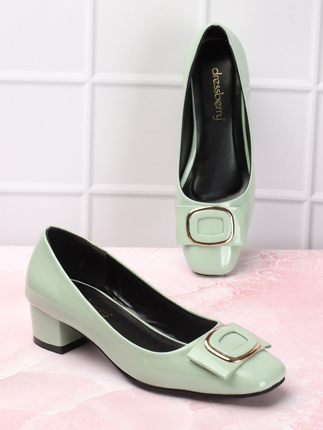 

DressBerry Sea Green Embellished Block Heel Pumps