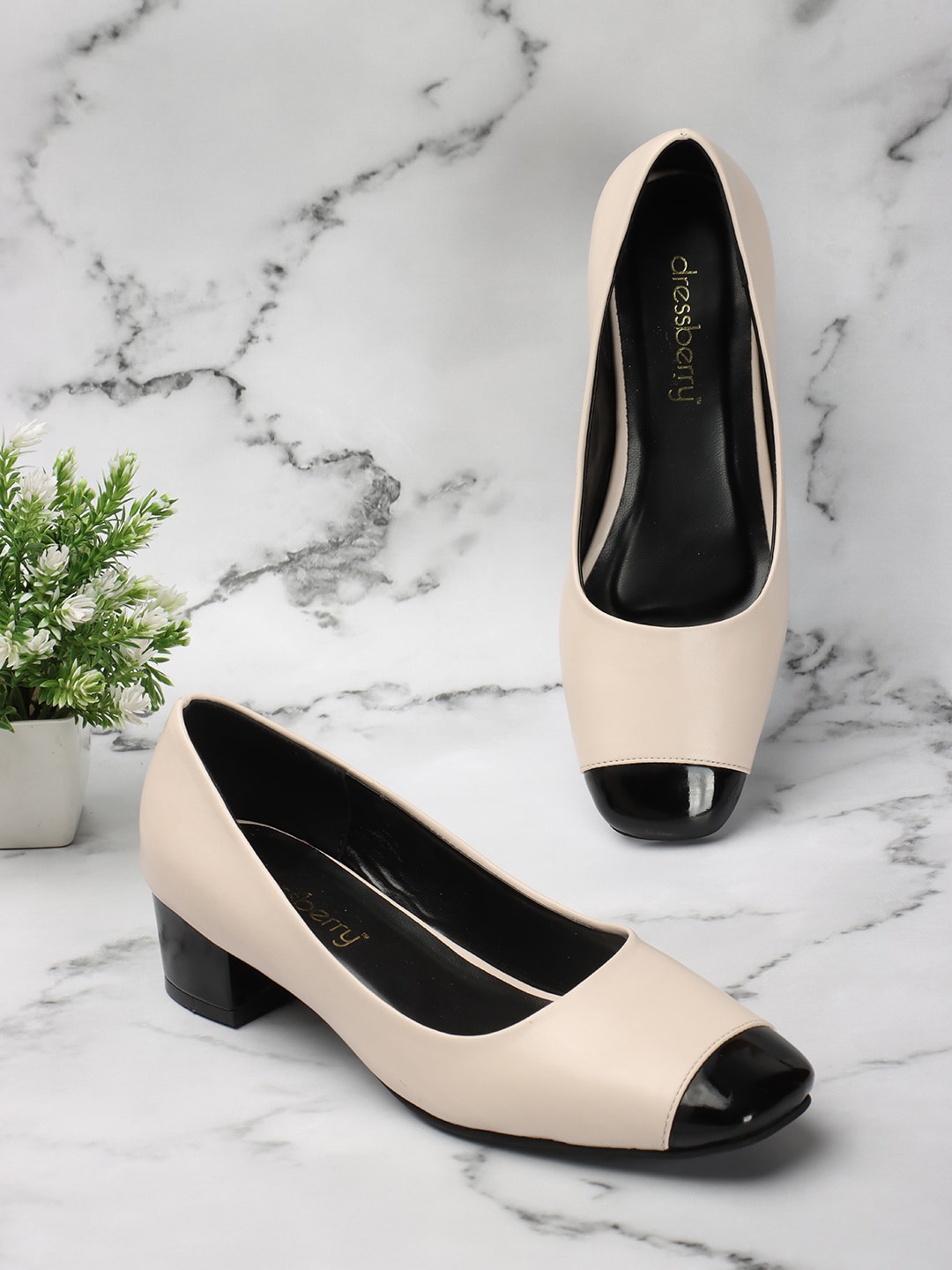 

DressBerry Cream-Coloured And Black Colourblocked Block Heel Pumps