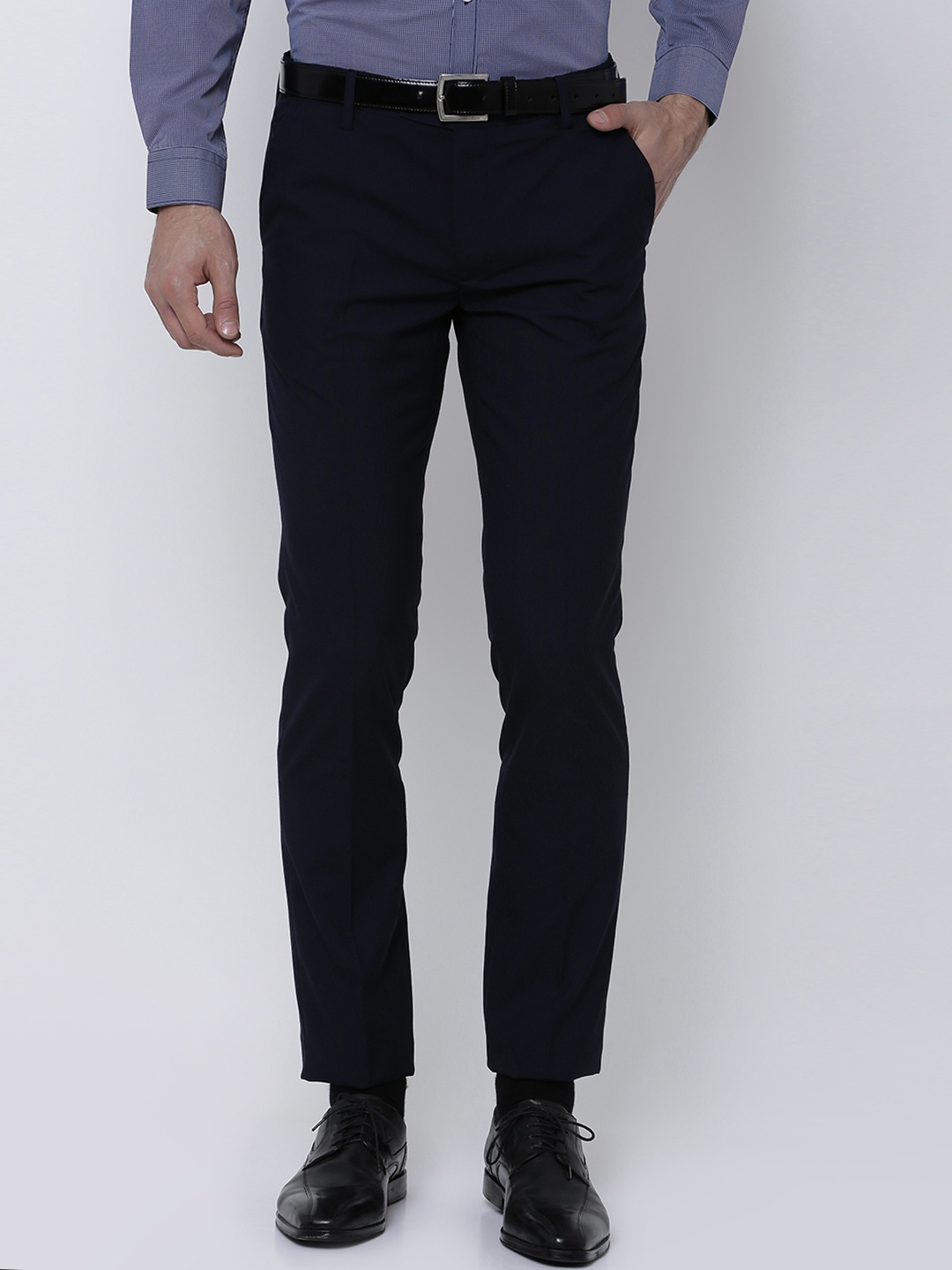 

Black coffee Men Navy Blue Slim Fit Solid Formal Trousers