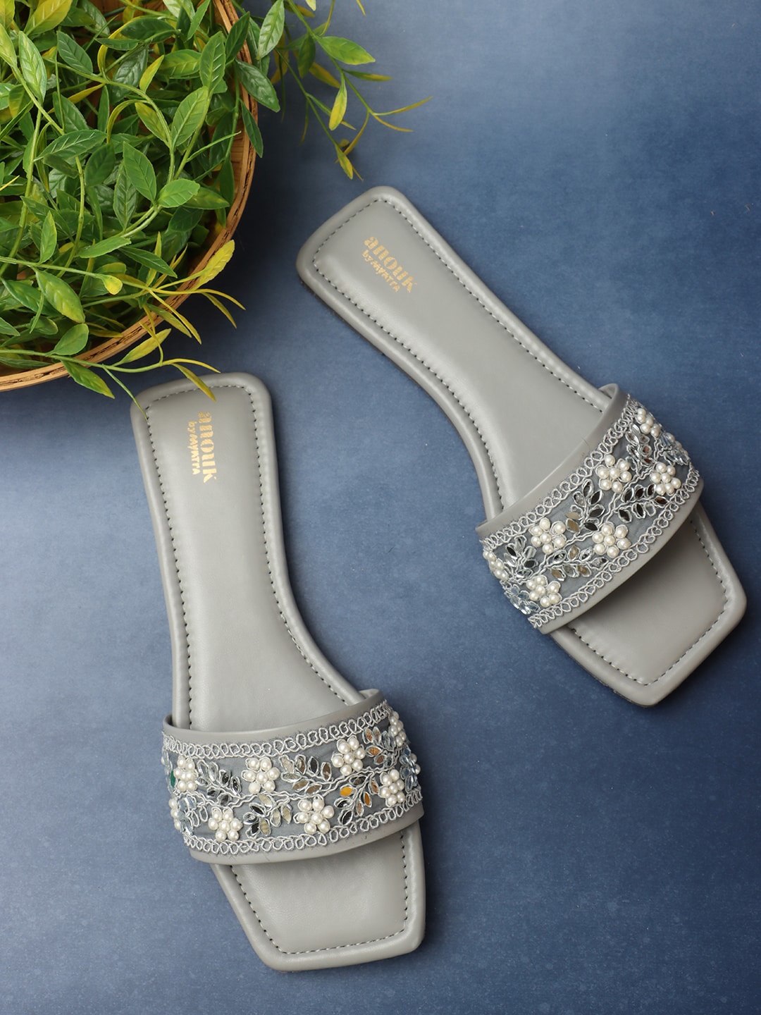 

Anouk Grey And White Embellished Open Toe Flats