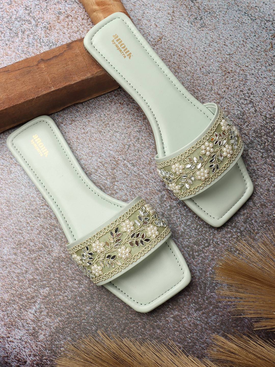

Anouk Sea Green And White Embellished Open Toe Flats