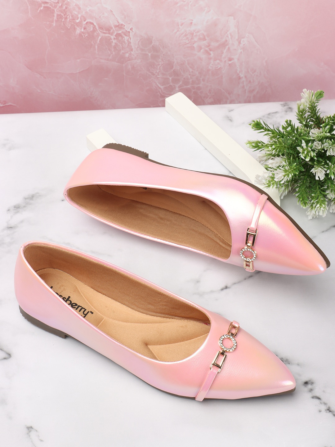 

DressBerry Pink And Gold-Toned Embellished Pointed Toe Ballerinas