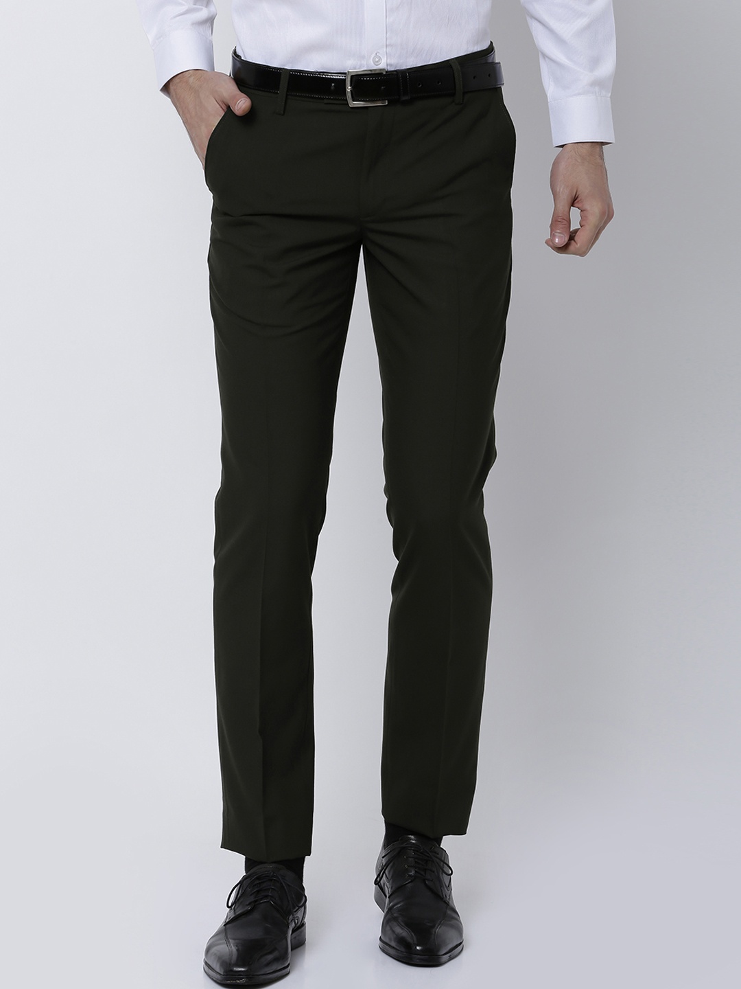 

Black coffee Men Olive Green Regular Fit Solid Formal Trousers