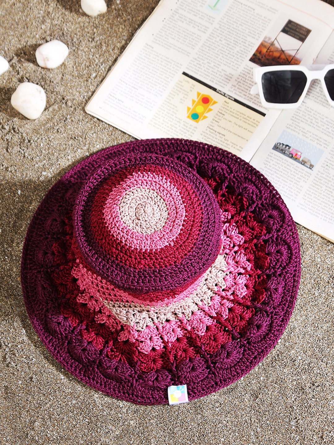

Magic Needles Women Striped Pure Cotton Crochet Sun Hat, Burgundy