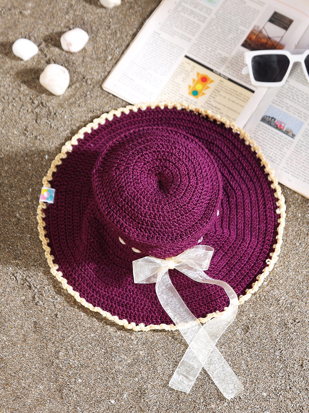 

Magic Needles Women Crochet Woven Sun Hat with Bow, Burgundy