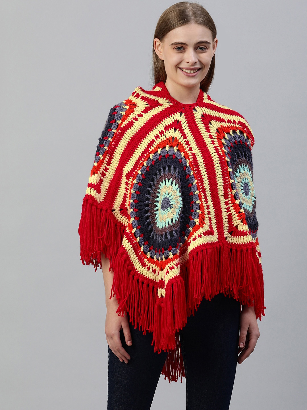 

Magic Needles Women Printed Poncho Shawl, Red