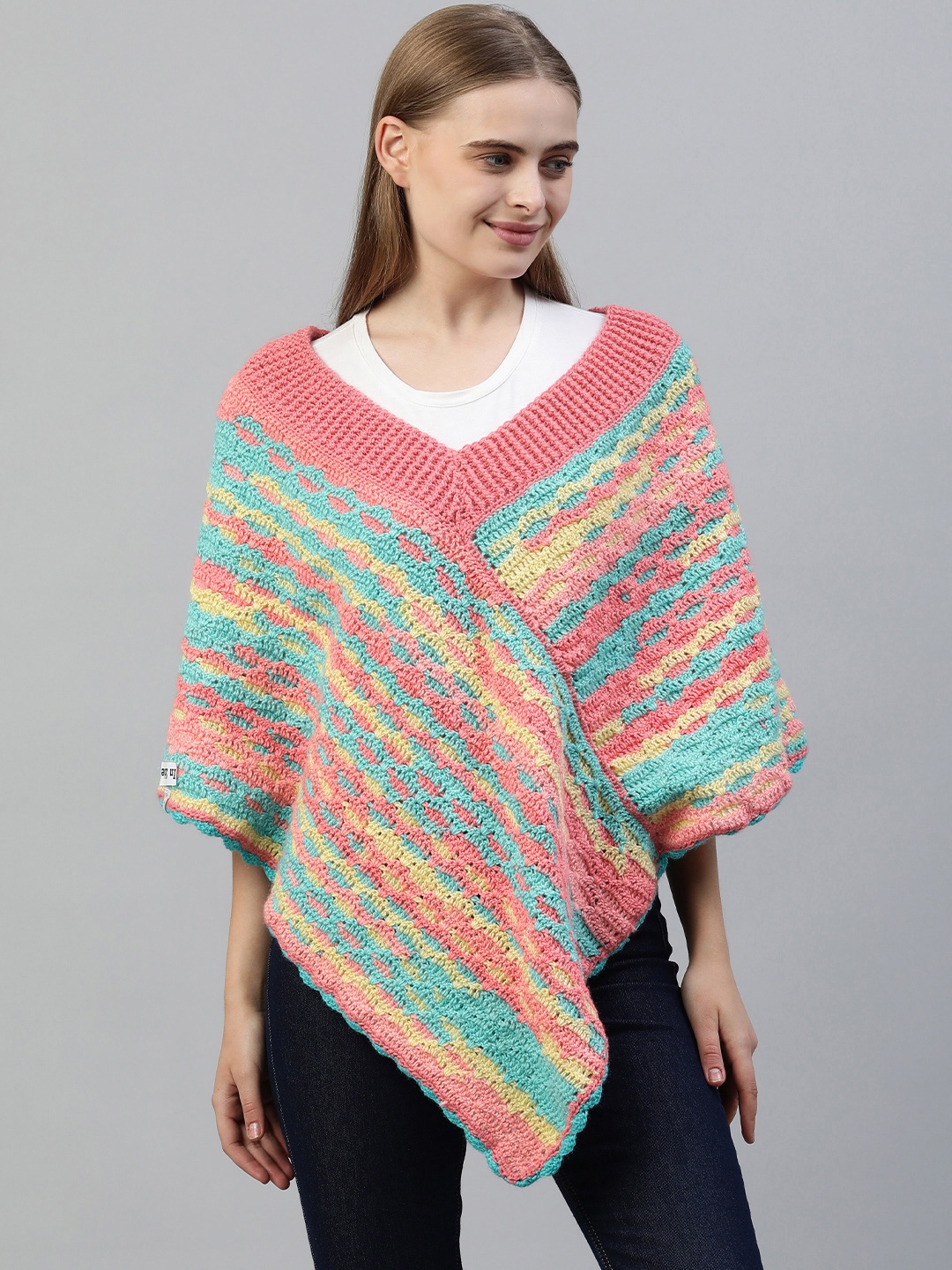 

Magic Needles Women Striped Poncho Shawl, Multi