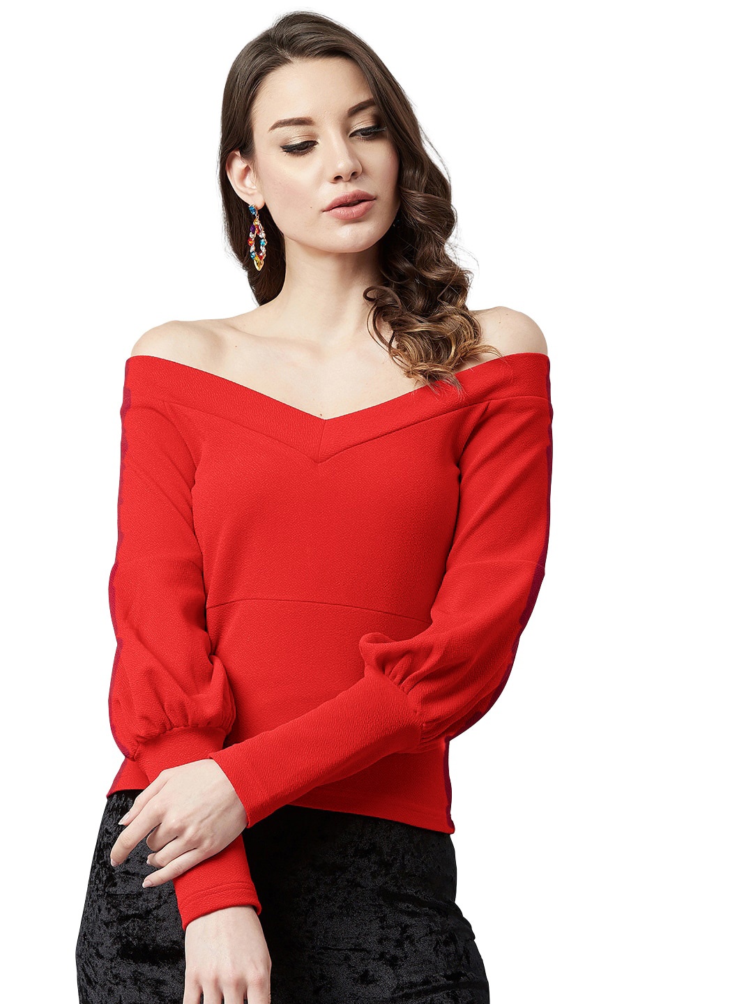 

LEE TEX Off-Shoulder Puff Sleeves Bardot Top, Red