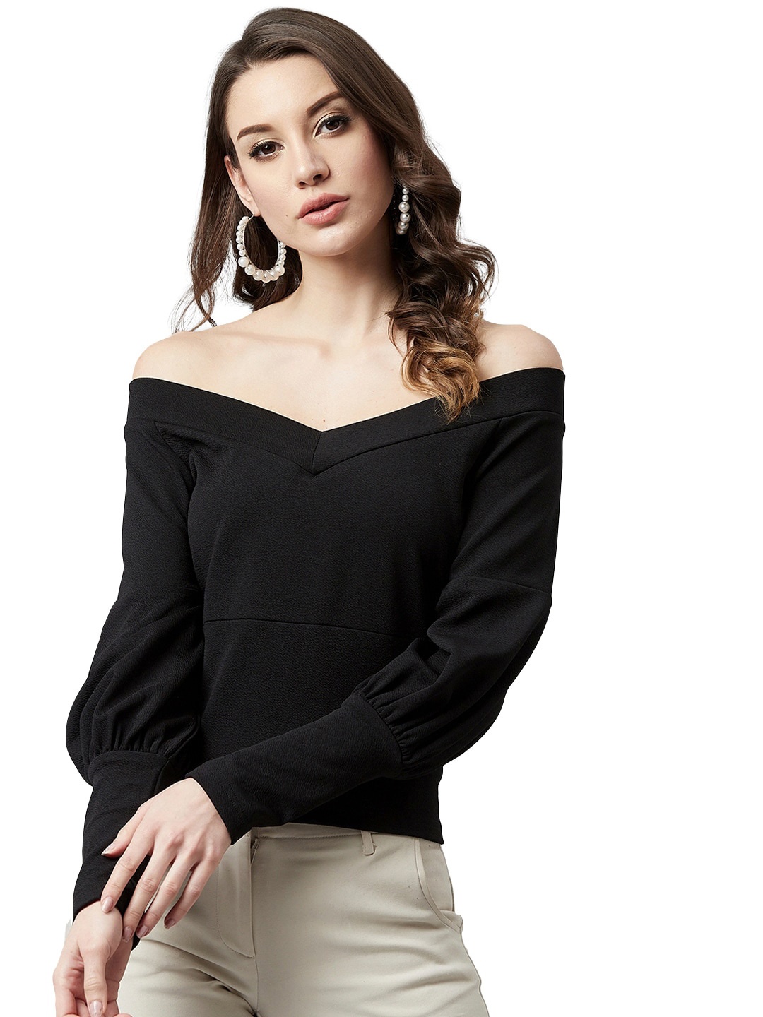 

LEE TEX Off-Shoulder Puff Sleeves Bardot Top, Black
