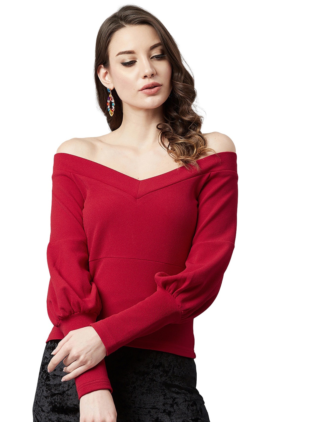 

LEE TEX Maroon Off-Shoulder Crepe Bardot Top