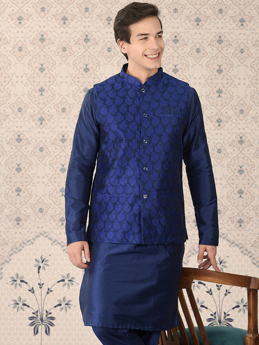 

Ode by House of Pataudi Woven Design Nehru Jackets, Navy blue