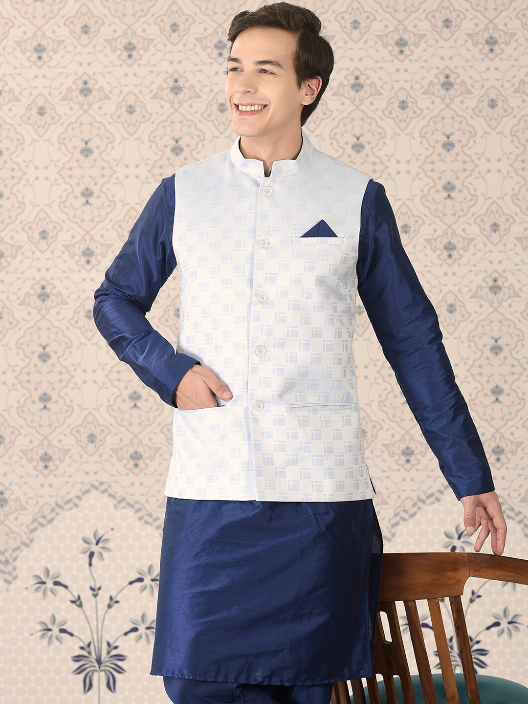 

Ode by House of Pataudi Woven Design Nehru Jackets, White