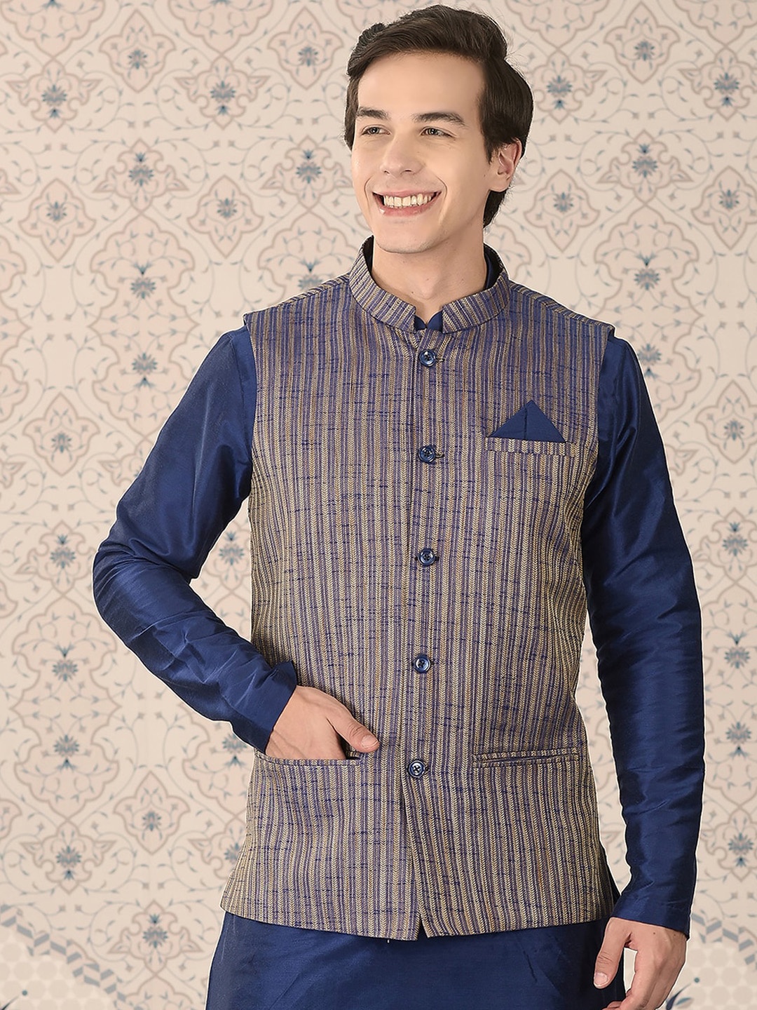 

Ode by House of Pataudi Woven Design Nehru Jackets, Blue