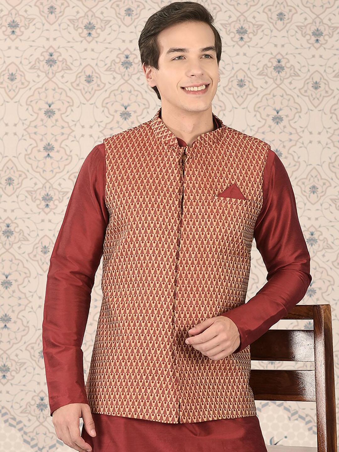 

Ode by House of Pataudi Woven Design Nehru Jackets, Red