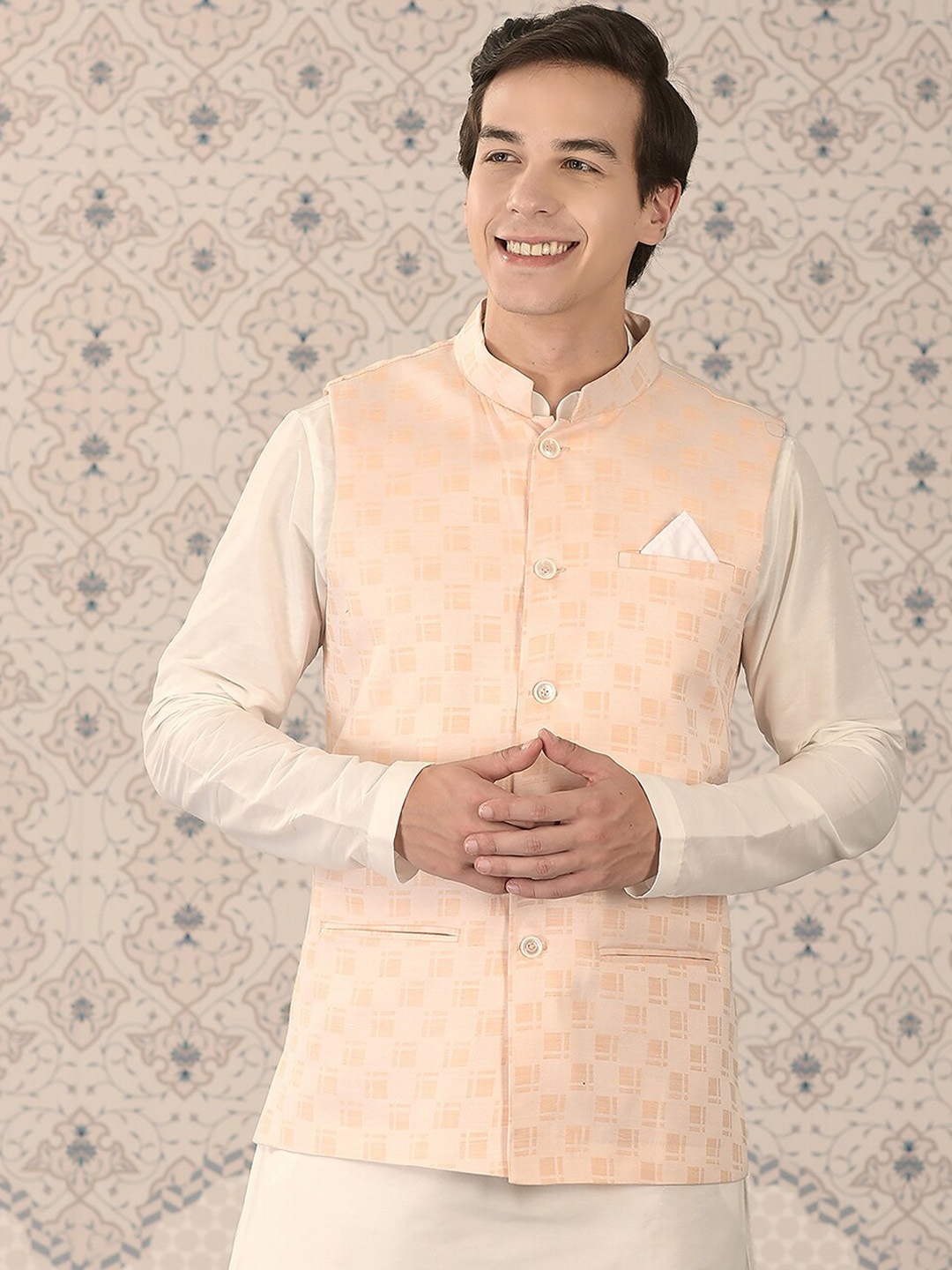 

Ode by House of Pataudi Woven Design Nehru Jackets, Orange