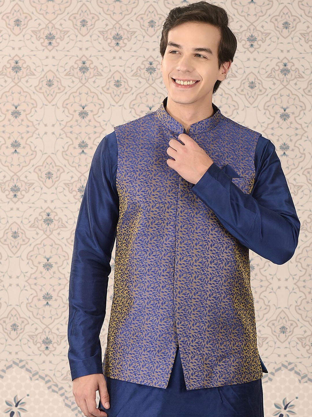 

Ode by House of Pataudi Woven Design Nehru Jackets, Navy blue