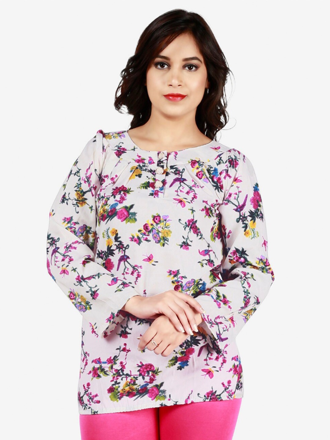 

Fashionable Floral Printed Long Sleeves Top, Off white