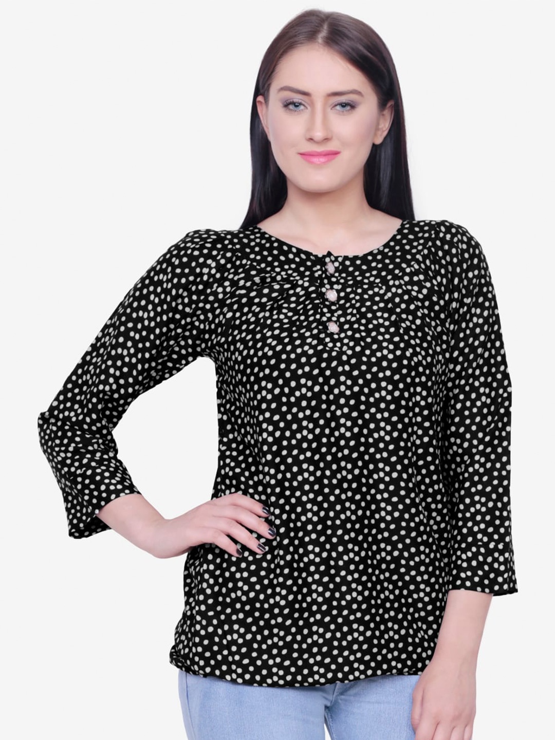 

Fashionable Polka Dot Printed Cotton Top, Black