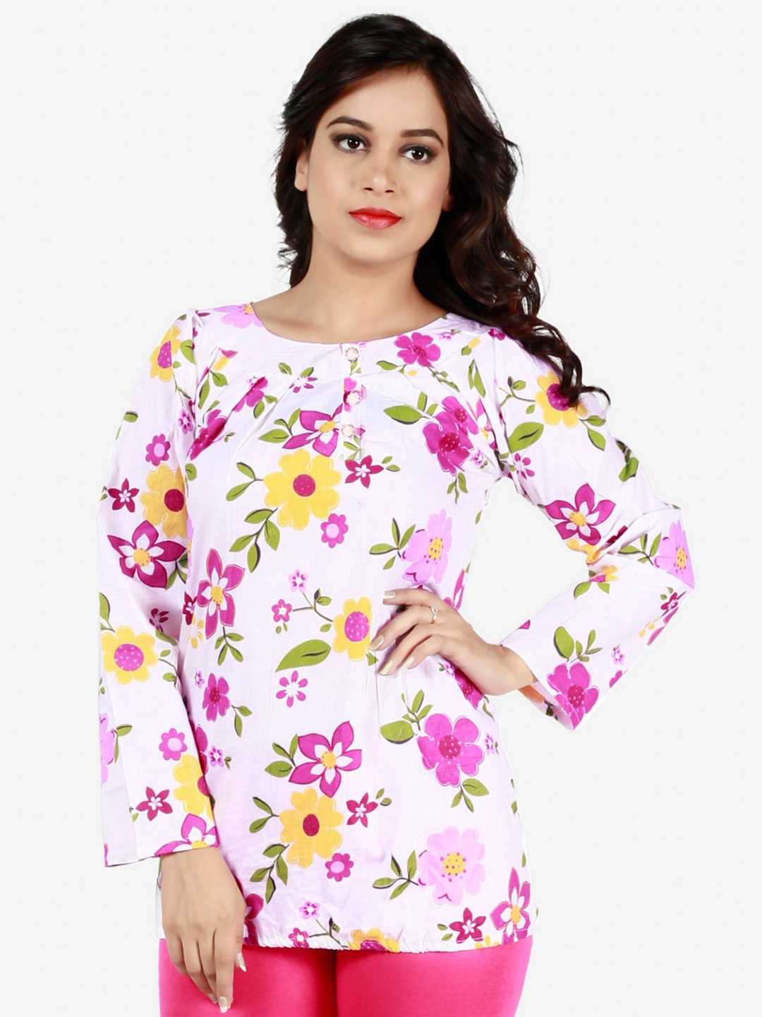 

Fashionable Floral Printed Pleated Top, White